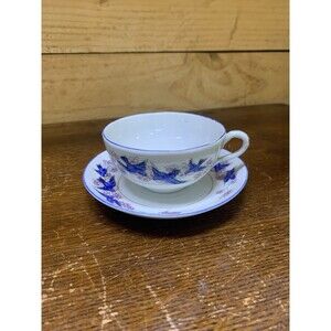 Vintage Blue White Porcelain Teacup & Saucer Bird Cherry Blossom Japan